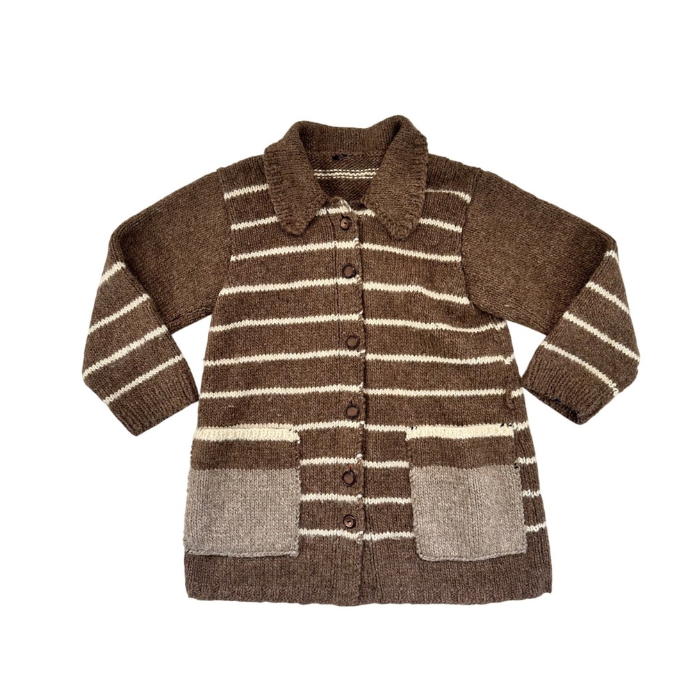 Hand Knit Brown Striped Wool Feel Cardigan Sweater Collared Cottagecore Medium